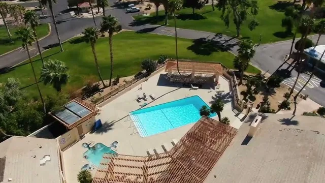 An aerial view of the swimming pool, open 24 hours